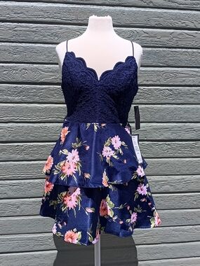 City Studio Navy Blue Dress with Pink Floral Accent